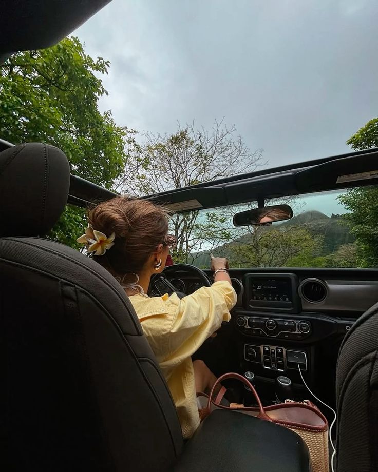 Driver in an open-top Jeep driving through greenery